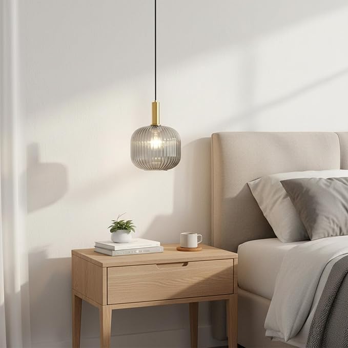 Plug in Pendant Light with Cord, 9.8" Ribbed Glass Hanging Light Fixture, Industrial Smoke Gray Hanging Swag Lamp for Bedroom, Kitchen Island, Dining Room, Living Room, E26 Base