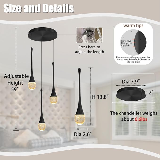 ykolupty Pendant Lights Kitchen Island 3-Lights Pendant Chandelier for Dining Room Hallway Stairwell,LED Dimmable 2700K-6000K