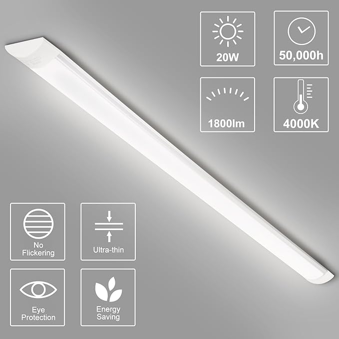 4-Pack 2FT LED Batten, Close to Ceiling Light fixtures, 20W, Ultra-Thin Day Light, 4000K, IP20, LED Ceiling Light for Garage, Stores, Warehouse, Office, Corridor, supermarkets, etc.