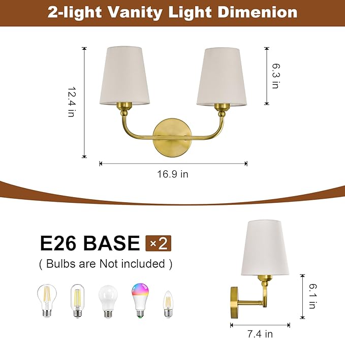 Bathroom Vanity Light, Brushed Gold Bathroom Light Fixtures, 2-Light Lighting Fixtures Over Mirror, Modern Wall Sconce with Flared White Fabric Shade, E26 Socket(ETL Listed)