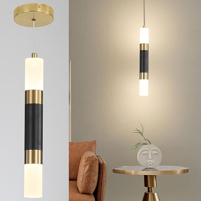 Modern Kitchen Island Pendant Light Fixtures, Black and Gold LED Ceiling Hanging Lights, 3 Color 2700K/4500K/6500K, Over Table Mini Linear Acrylic Pendant Lighting for Dining Room, Bedside, Bar