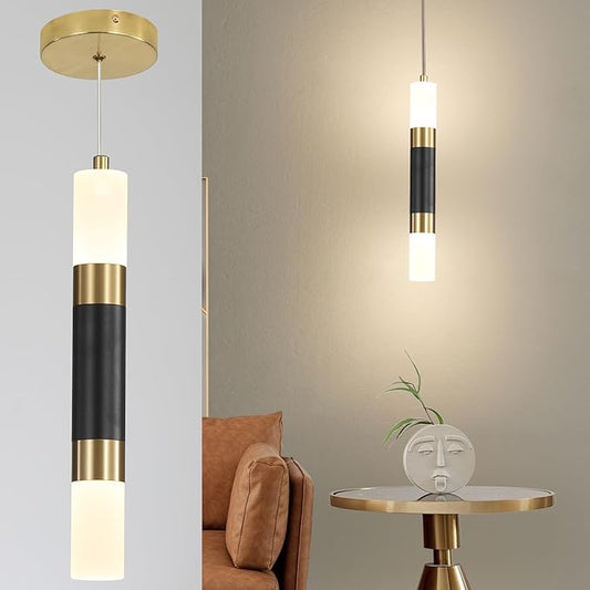 Modern Kitchen Island Pendant Light Fixtures, Black and Gold LED Ceiling Hanging Lights, 3 Color 2700K/4500K/6500K, Over Table Mini Linear Acrylic Pendant Lighting for Dining Room, Bedside, Bar