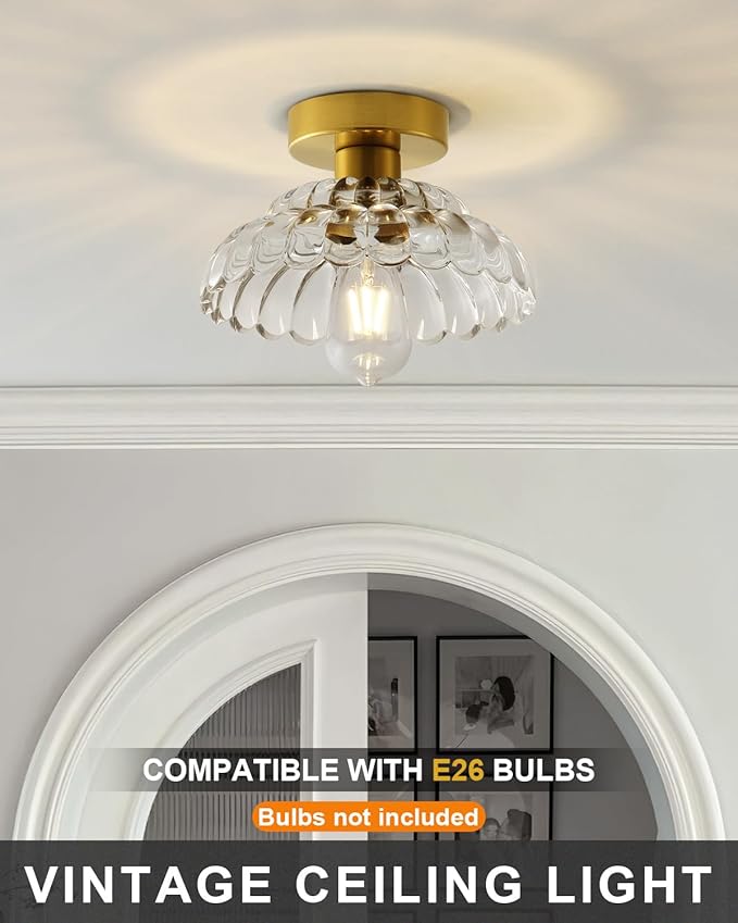 ANYLOVE 10 Inch Clear Glass Vintage Glass Semi Flush Mount Ceiling Light, E26 Socket for Bedroom Kitchen Hallway Foyer