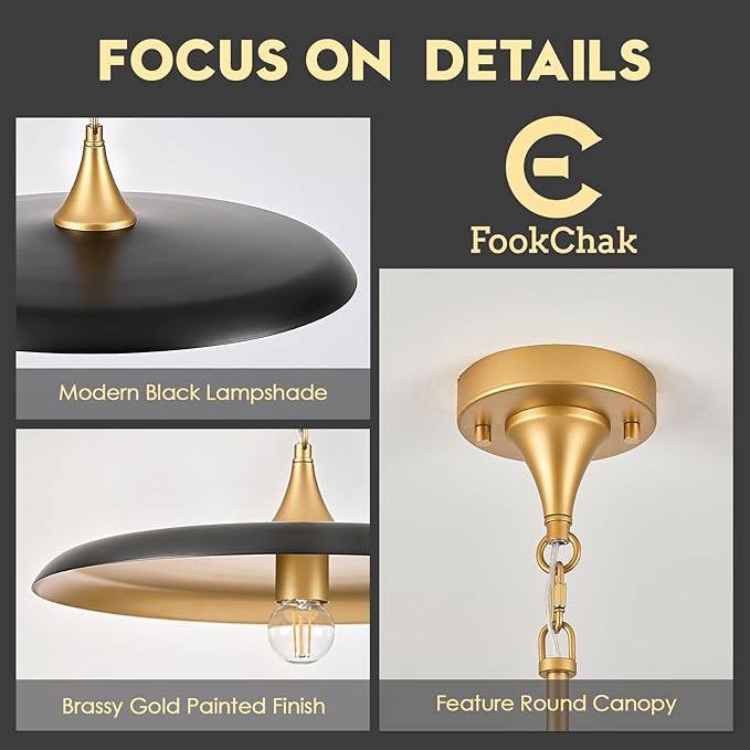 Black Pendant Light 15.7in Pendant Lights Modern Kitchen Island Pendant Light Fixture with Adjustable Black Gold Industrial Pendant Lighting for Dining Room Kitchen Sink, E26