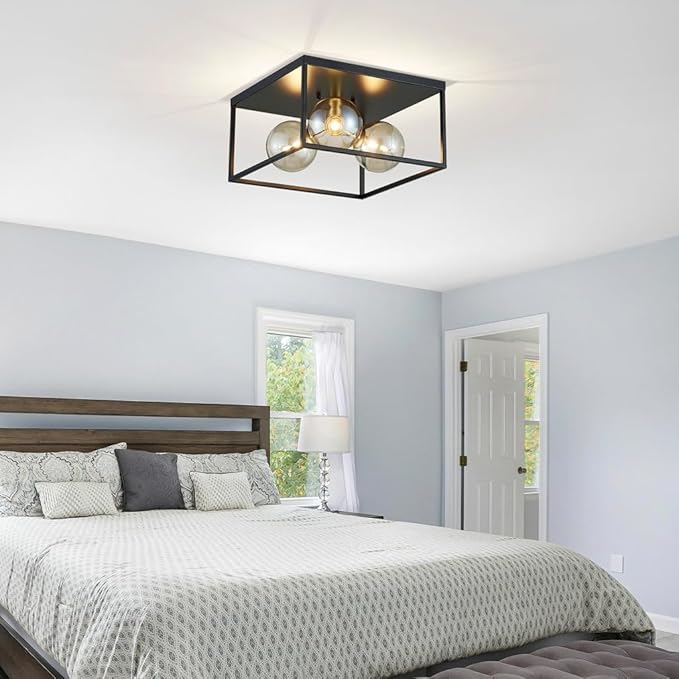 AGV LIGHTING Flush Mount Ceiling Light Fixture Black and Brass Gold with Amber Glass Bubble Shades 3-Light Industrial Modern Ceiling Lamp for Bedroom Kitchen Living Room Dining Room