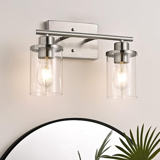 EDISHINE Vanity Light Fixtures, 2 Light Bathroom Vanity Light Fixtures Brushed Nickel, Modern Wall Sconces for Bathroom, Powder Room, Bedroom, Kitchen (E26 Base)