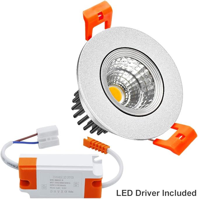 LightingWill 2inch LED Dimmable Downlight, 3W COB Recessed Ceiling Light, Daylight White 5500K-6000K, CRI80, 25W Halogen Bulbs Equivalent, Silver (4Pack)