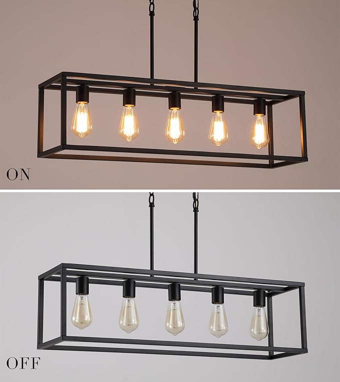 AMZASA Black Rectangle Kitchen Island Lights Rectangular Modern Industrial Chandelier for Dining Room 5 Lights Linear Vintage Cage Light Fixtures UL Listed