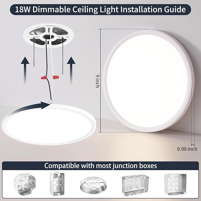 9 Inch Flush Mount Ceiling Light, 5 Color Adjustable Slim 18W 1800LM 2700K-6500K Wired LED Fixture, Modern Low Profile LED Ceiling Lamp for Hallways, Kitchen, Bedroom, Closets, Bathroom, Round, White