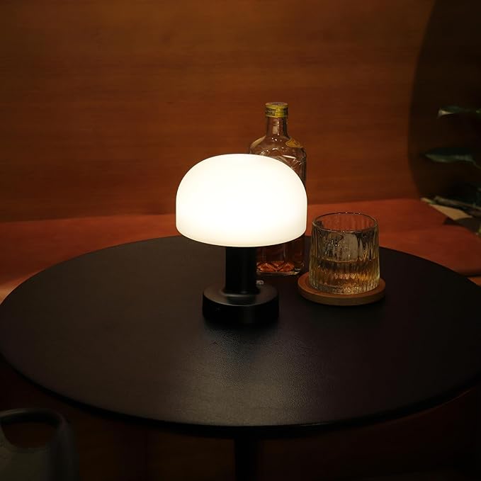 HAPYGI Small Mushroom Table Lamp, Cordless Night Light with 2600mAh Rechargeable Battery, Stepless Dimming Desk Lamp with 3 Colors for Bedroom/Patio/Living Room (Black-1)