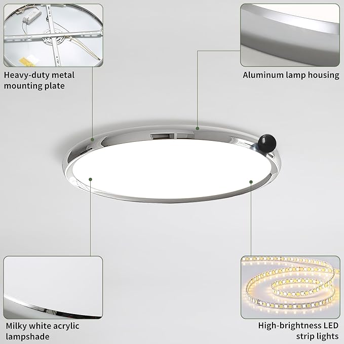 Chrome Round Flat Panel Light, Dimmable Modern Flush Mount Ceiling Light Fixture,24W 3000K/4000K/5000K,Fits for Hallway Kitchen Bedroom Living Room Closet Room