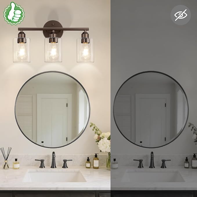 3-Light Bathroom Vanity Light Fixture, Modern Wall Lamp for Mirror with Clear Glass Shade (D-Clear Glass & Brown)