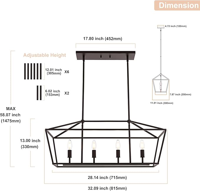 4-Light Kitchen Island Lighting, Dining Room Farmhouse Lantern Chandelier for Over Pool Table Living Room, Pendant Light Fixtures E12 Bulb Base & Oil Rubbed Bronze