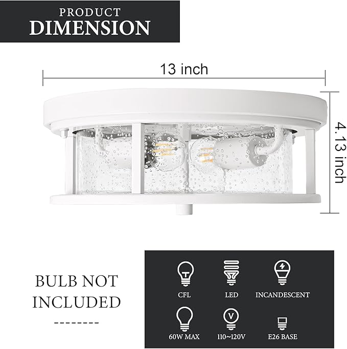 White Flush Mount Ceiling Light Fixture, 2-Light with Seeded Glass White Ceiling Light Fixture for Bedroom, Indoor Outdoor Ceiling Lights for Porch Hallway Kitchen