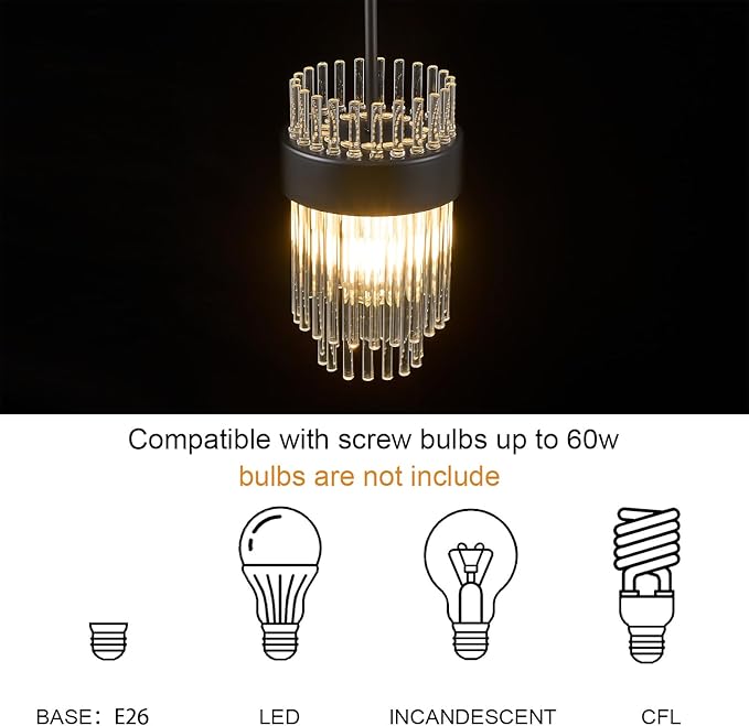 Dijiahua Black Pendant Lights Kitchen Island 3 Pack,Modern Crystal Pendant Light Fixtures Over Table, Mini Dining Room 1-Light Chandelier,Adjustable Cord Hanging Lamp for Bedroom,Hallway