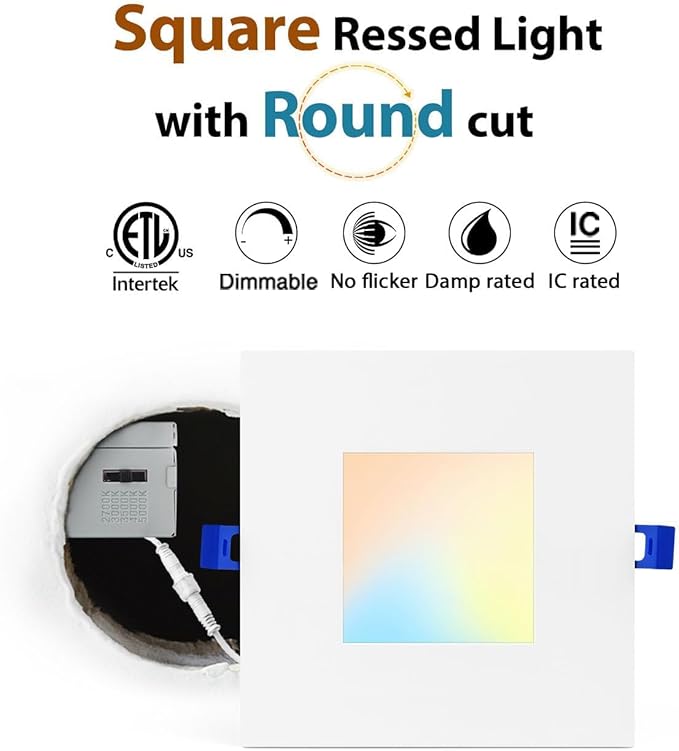 Adetu 4 Inch Square Led Recessed Lighting 5CCT LED Recessed Light with Junction Box,2700K-5000K Selectable,10W 860LM Brightness,Dimmable Canless Downlight - ETL Certified and Energy Star