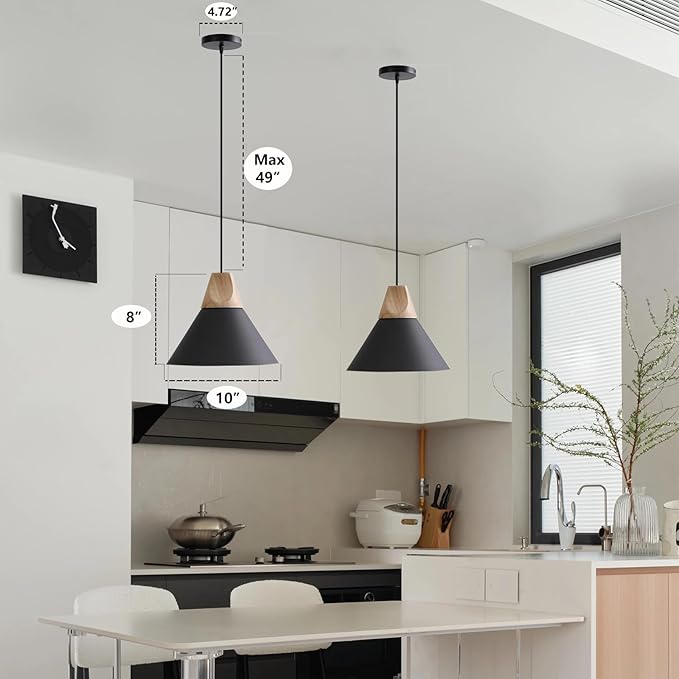 Modern Pendant Light,Solid Wood Matte Black Lampshade Style Ceiling Hanging Lamp,Pendant Lighting for Kitchen Island Dining Room Living Room Bedroom(Black-1 Pack)