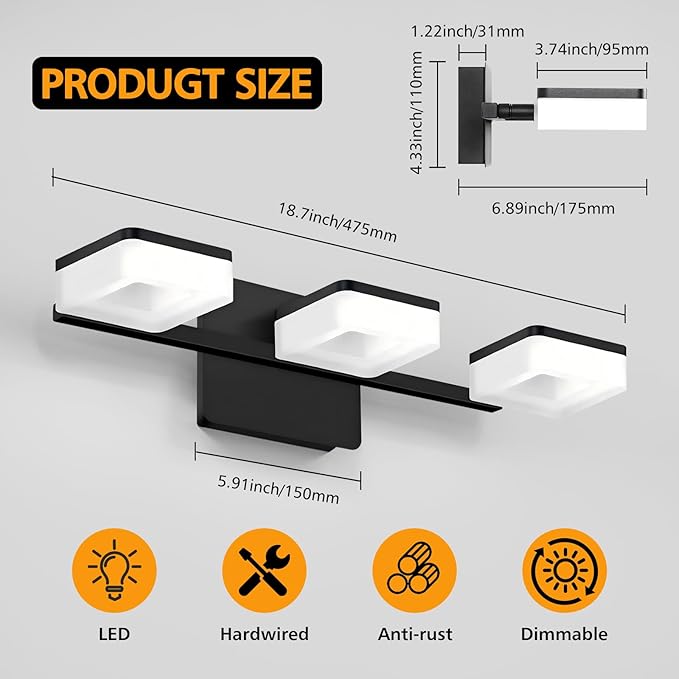 Black LED Bathroom Vanity Light, Modern Wall Lighting Fixtures, 3-Light Bathroom Lighting Fixtures Over Mirror, 360° Rotate Acrylic Matte Black Vanity Lights for Bathrooms