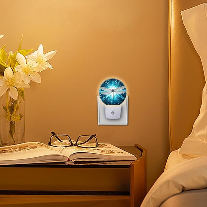 Round LED Night Lights Lamp with Dusk to Dawn Sensor, Dragonfly Shiny Abstract Night Light Plug Into Wall for Kids Room, Bedroom, Bathroom, Kitchen, Hallway