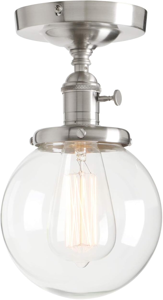 PERMO Modern Small Semi Flush Mount Ceiling Pendant Light Glass Ceiling Lights Hallway Fixtures with Flate Ribbed Glass Lampshade, 1-Light (Brushed, 301)