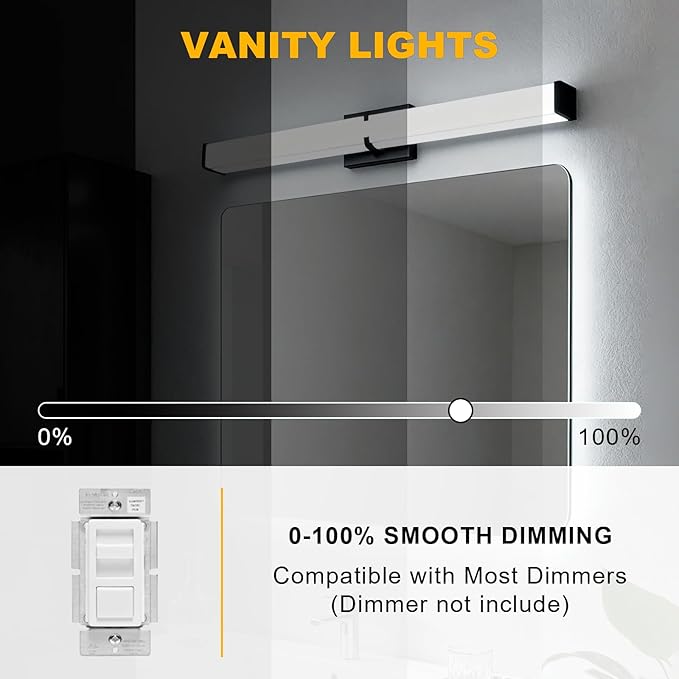 Bathroom Lighting Fixtures Over Mirror: ETL Certified 24 Inch Black Modern LED Vanity Lights 5000K Cool White IP44 - Dimmable Vanity Light Bar 2500LM with Clear Shade - Bathroom Light Fixtures