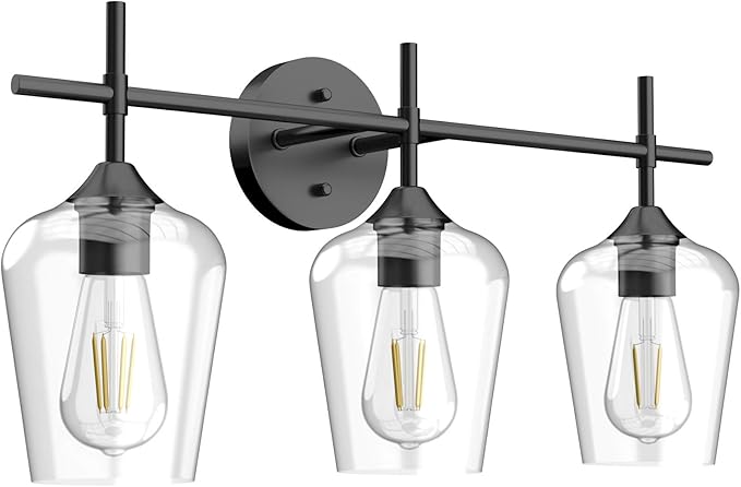 Ralbay Industrial Bathroom Vanity Light Fixtures 3-Lights Matte Black with Clear Glass Vintage Edison Wall Lamp Light Fixture for Bathroom