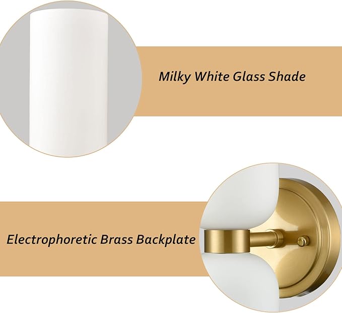 DEYNITE Gold Wall Sconces Set of Two 2-Light Modern Wall Light 3.93"(W)*14.2"(H) Bathroom Vanity Light Milky White Glass