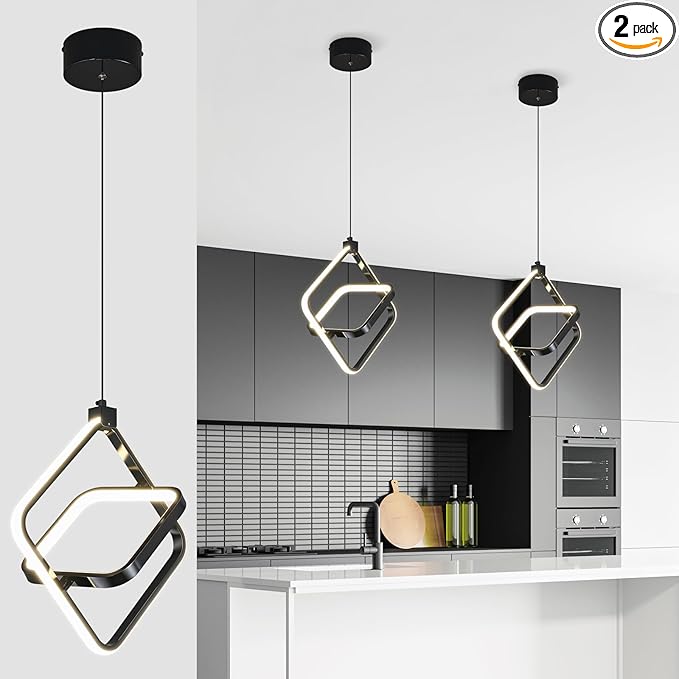 Modern LED Pendant Lights Plated Black Rectangular Pendant Light Fixtures 4000K 20W Dimmable Pendant Lighting for Dining Room Kitchen Island Bedroom Living Room Foyer（2-Pack）