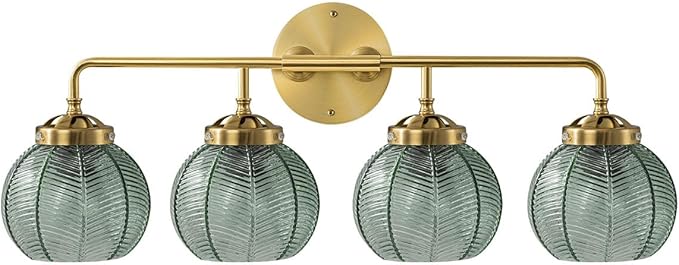 4-Light Vintage Bathroom Vanity Lights – Gold Wall Sconce with Green Glass Shades, Mid Century Modern Art Deco Lighting for Mirror, Living Room, Bedroom