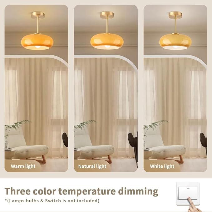 Brass Modern Hallway Ceiling Light - Orange Glass Ceiling Lamp with Dome Shade, Gold Mid Century Semi Flush Mount, Bedroom Entrance Light Fixture