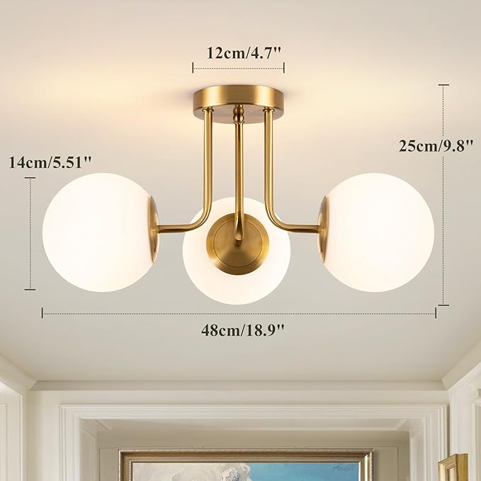 3-Light Frosted Globe Glass Ceiling Lights, Modern Semi Flush Mount Ceiling Light, Gold Sputnik Chandelier Lighting Fixture for Bedroom Living Room Entryway (Bulb Included)