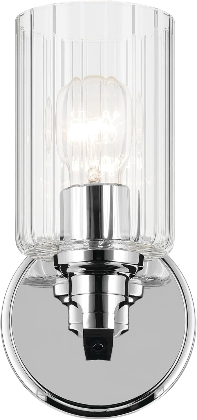 Kichler Gioe 5" 1-Light Wall Sconce with Clear Fluted Glass in Chrome, Damp Rated, for Powder Room, Kitchen, Hallway, Bedroom, Fireplace, (5" W x 9.5" H), 55224CHFLU