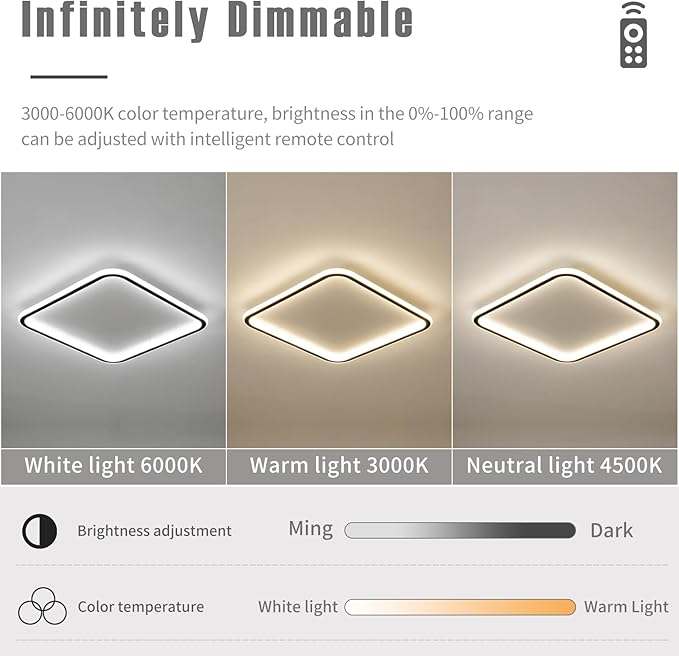 Modern LED Ceiling Light, 23.6IN Square Black Flush Mount Ceiling Lights Fixture with Remote Control, Acrylic Ceiling Lamp for Bedroom Hallway Kitchen Island, 3000k-6500k Dimmable