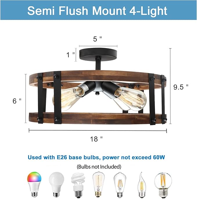 Semi Flush Mount Ceiling Light Fixture, Modern Farmhouse Wood Drum Ceiling Lamp, Rustic Close to Ceiling Lighting for Hallway Entryway Laundry Room Bedroom (Bulb Not Included)