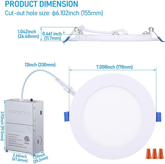 TORCHSTAR Basic Series 12-Pack 5CCT 6 Inch Ultra-Thin LED Recessed Lighting with J Box, CRI90, Aluminum, 2700K3000K3500K4000K5000K, 5%-100% Dimmable Slim Recessed Downlight, 12W 1100LM, ETL&FCC&ES