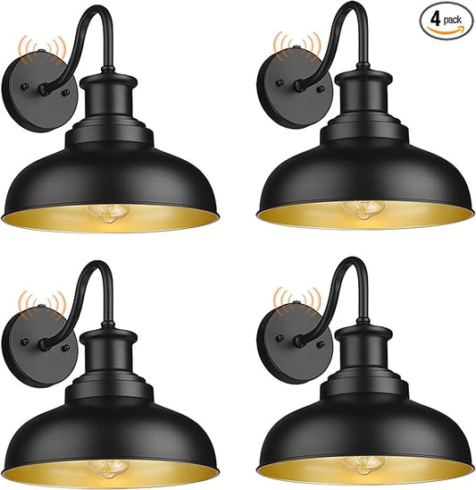 Dusk to Dawn Outdoor Barn Lights Outdoor Wall Sconces Farmhouse Exterior Wall Mount Light Vintage Outside Lighting Fixture Industrial Black Lanterns for Porch Garage Shed Patio, 4 Pack