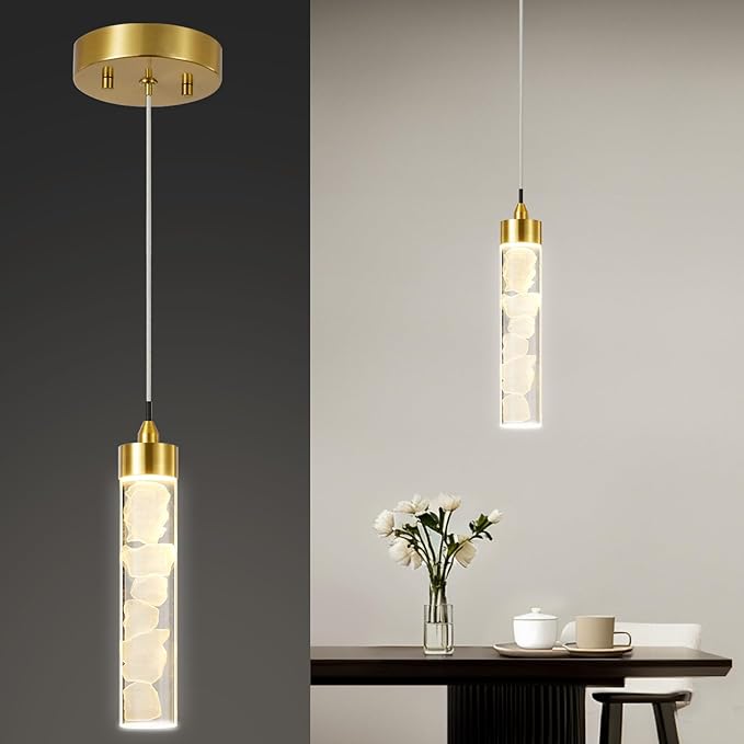 Pendant Lights Kitchen Island, Modern Mini Pendant Light Fixtures with Crystal Stone, Dimmable LED Chandelier, Gold Hanging Light Fixture for Dining Room Hallway, 3000K/4000K/5000K Adjustable, ETL