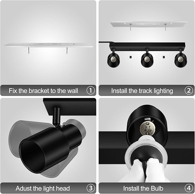 Plug-in Track Lighting LED, Track Light Fixtures Ceiling, Black Plug in Wall Lights with 14.8ft Cord, 3 Way Ceiling Spotlight for Kitchen, Rotatable Light Head for Bedroom Hallway(GU10 Socket,NO Bulb)