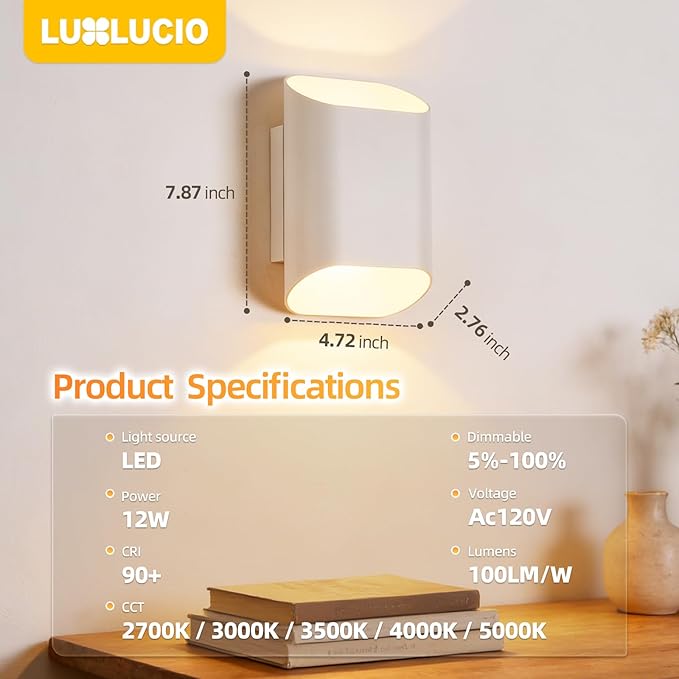 1 Pack White Up & Down Wall Sconce Lamp 5%-100% Dimmable, Modern Indoor/Outdoor Porch Light, IP65 Waterproof, 120V, 1200LM, 12W, 2700K-5000K 5-Color Selectable, CRI90+, ETL FCC Certified