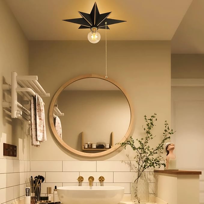 16 inch Flush Mount Ceiling Light with Pull Chain On/Off Switch, Industrial Black Star Ceiling Light Fixtures, Farmhouse Lighting for Hallway, Entryway, Porch, Study, Bedroom, Stair, Kitchen, Bathroom