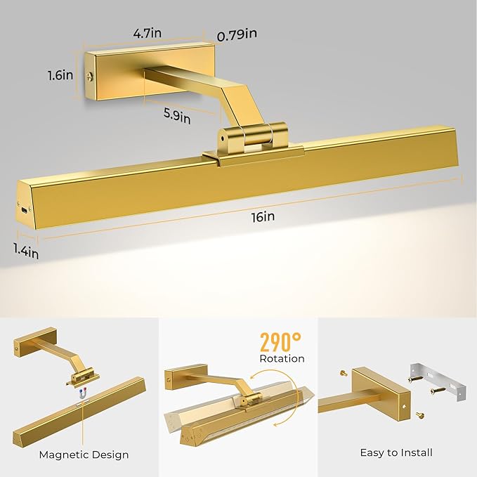 Afyuol Picture Lights for Wall, Battery Operated Picture Light 16in Art Light CCT Dimmable Recharging Battery Wall Light with Remote Control for Living Room Gallery Gold 2PCS