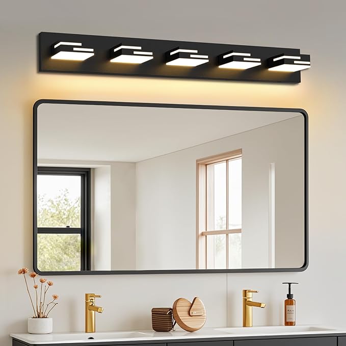 LED Modern Bathroom Vanity Light Fixtures 5-Light 34-inch 5CCT Dimmable Matte Black Vanity Lights for Bathroom Lighting Fixtures Over Mirror, with 360° Rotatable Acrylic Heads