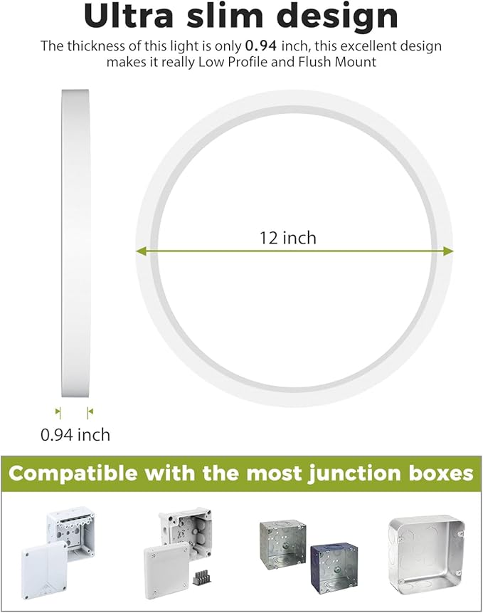 2PACK LED Flush Mount Ceiling Light - 3CCT Selectable 3000K-4000K-6500K & 100W Equivalent Modern Kitchen Recessed Ceiling Lamp 24W 3200Lm 12 Inch for Bathroom Closet Laundry Bedroom Hallway, White