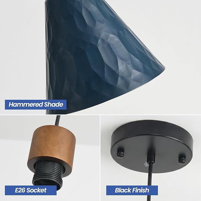Farmhouse Pendant Lights for Kitchen Island, Modern Blue and Wood Dome Pendant Light Fixtures, Industrial Hanging Pendant Lighting for Dining Room Foyer Cafe Kitchen Sink, 3 Pack