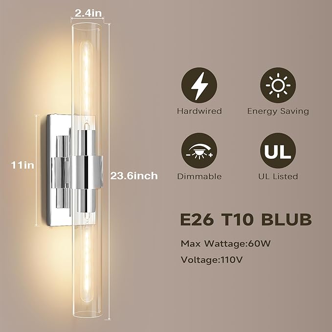 Wall Sconces Set of 2, 22.8" Chrome Bathroom Sconces, Indoor Sconces Lighting with Glass, Nickel Vanity Lights with Tube, Dimmable Bedroom Bedside Wall Light for Dressing Table Staircase