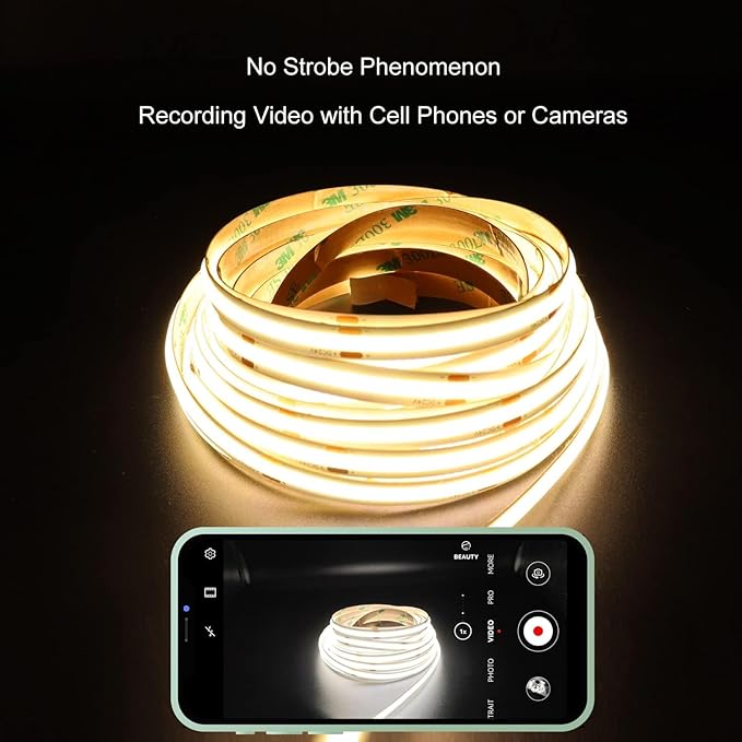 COB LED Strip Light 20ft/6m Tunable White 3000K-6500K, High Lumen CRI 90+ with UL Listed 24V Power Adapter RF Remote for Bedroom Counter Under Cabinet Kitchen Projects