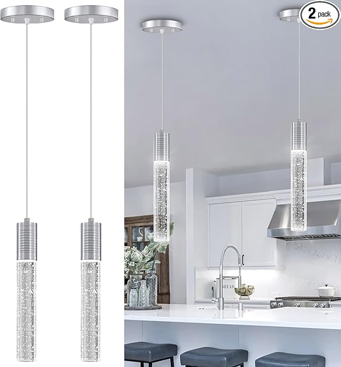 HAIXIANG Set of 2 Pendant Lights for Kitchen Island, White Light, Silver Crystal Linear Pendant Lighting, Bar Corner LED Light Fixture