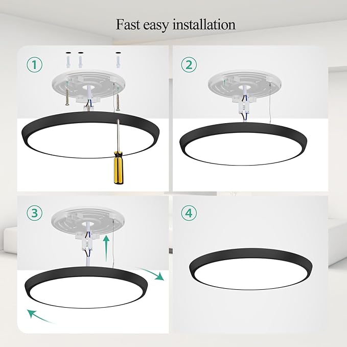 12 inch Flush Mount LED Ceiling Light Fixture, 3000K/4500K/6500K Selectable Ceiling Lights, Ultra Thin Round Black Ceiling Lamp for Living Room, Bedroom, Kitchen, Bathroom, Hallway, Non-dimmable