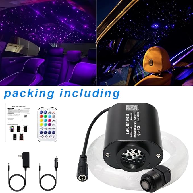 AMKI Mini 6W Starlight Headliner Kit 350pcs 0.03in 6.5ft,Twinkle+Sound Activated Fiber Optic Light 4Lamp Beam Starlight Box APP/Remote Control for Car Home Star Ceiling Decoration