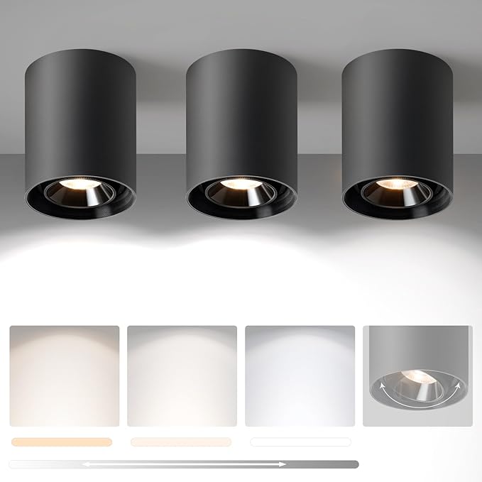 OKELI Black Modern LED Dimmable Ceiling Light Fixtures for Hallway Kitchen Entryway, 20W 1300LM 2700K-6000K Flush Mount Close to Ceiling Lighting, Cylinder Ceiling Lamps for Living Room 3pack